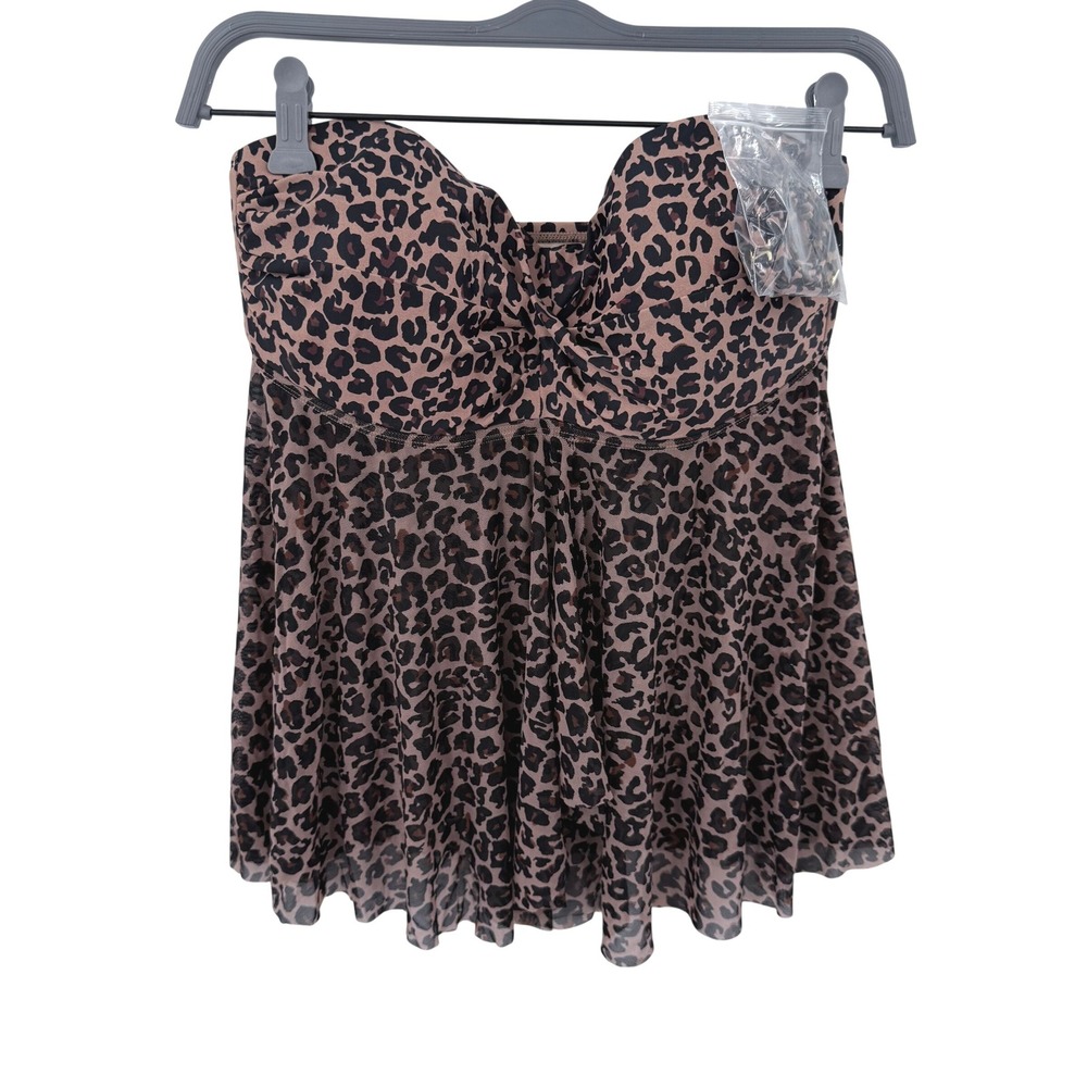 Kona Sol Semi Sheer Leopard Print Flyaway Tankini Top Brown Black Sweetheart M